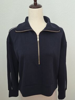 Tahari Elie Crop Navy Blue Half-Zip Pullover Gold-Tone Zipper Athleisure Active